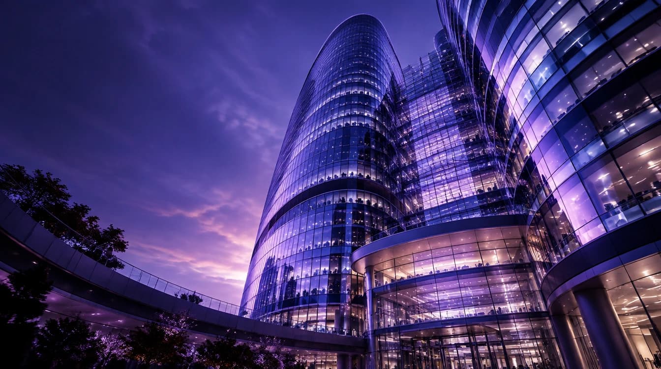 Illustrative glass office buildings under a violet evening sky