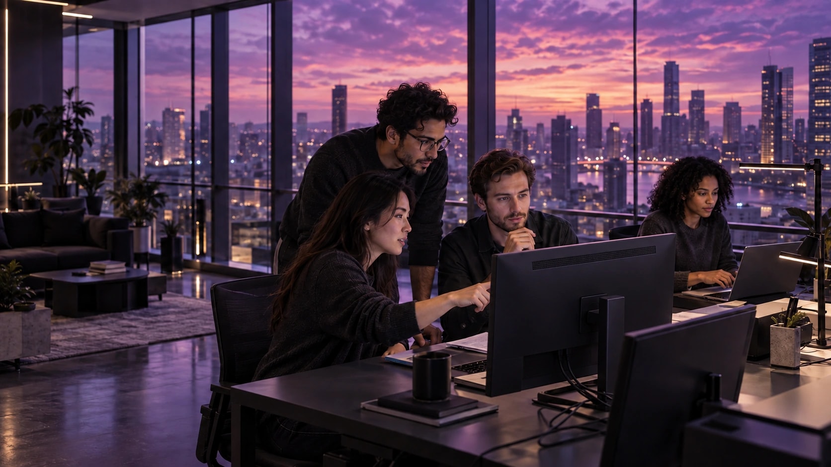 Illustrative engineers collaborating on AI systems in a violet-lit studio overlooking the city at dusk