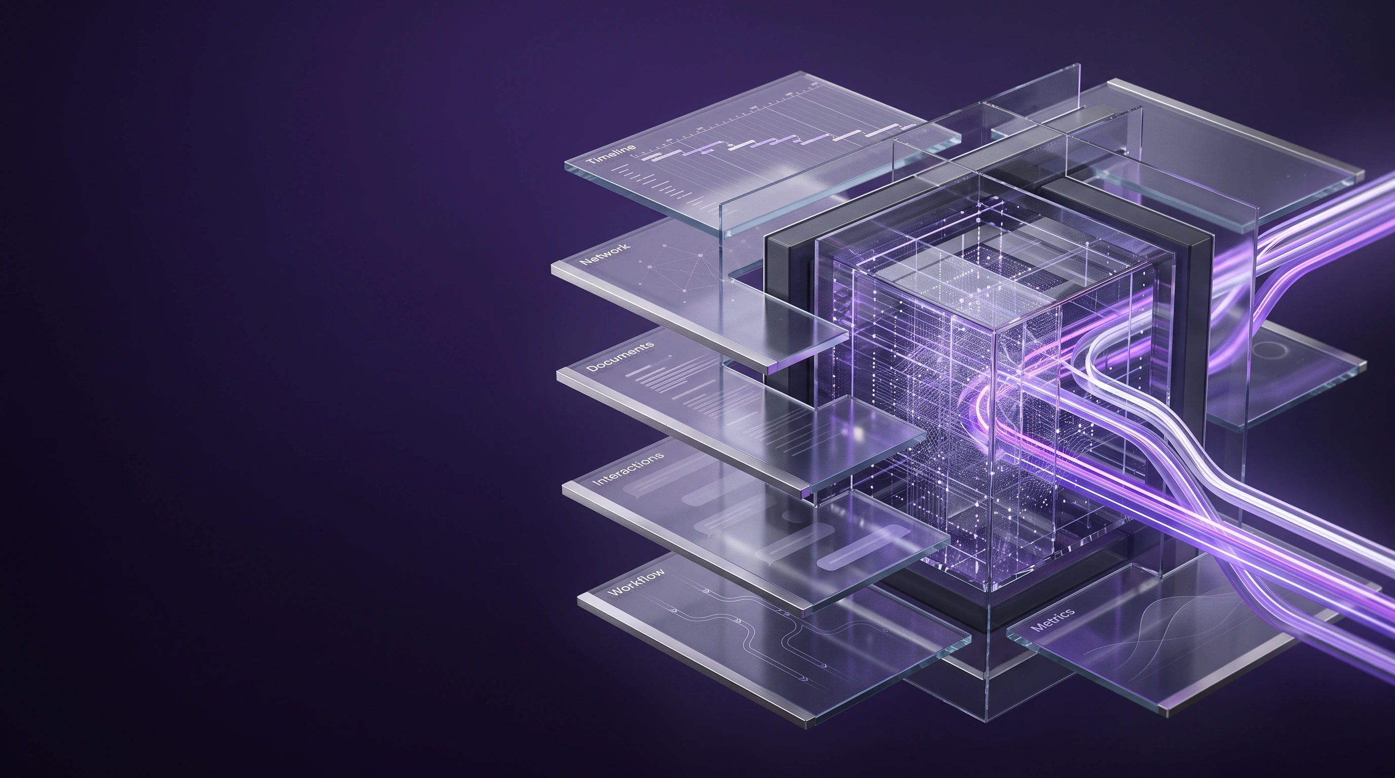 Conceptual enterprise intelligence core connecting project context, documents, workflows and data